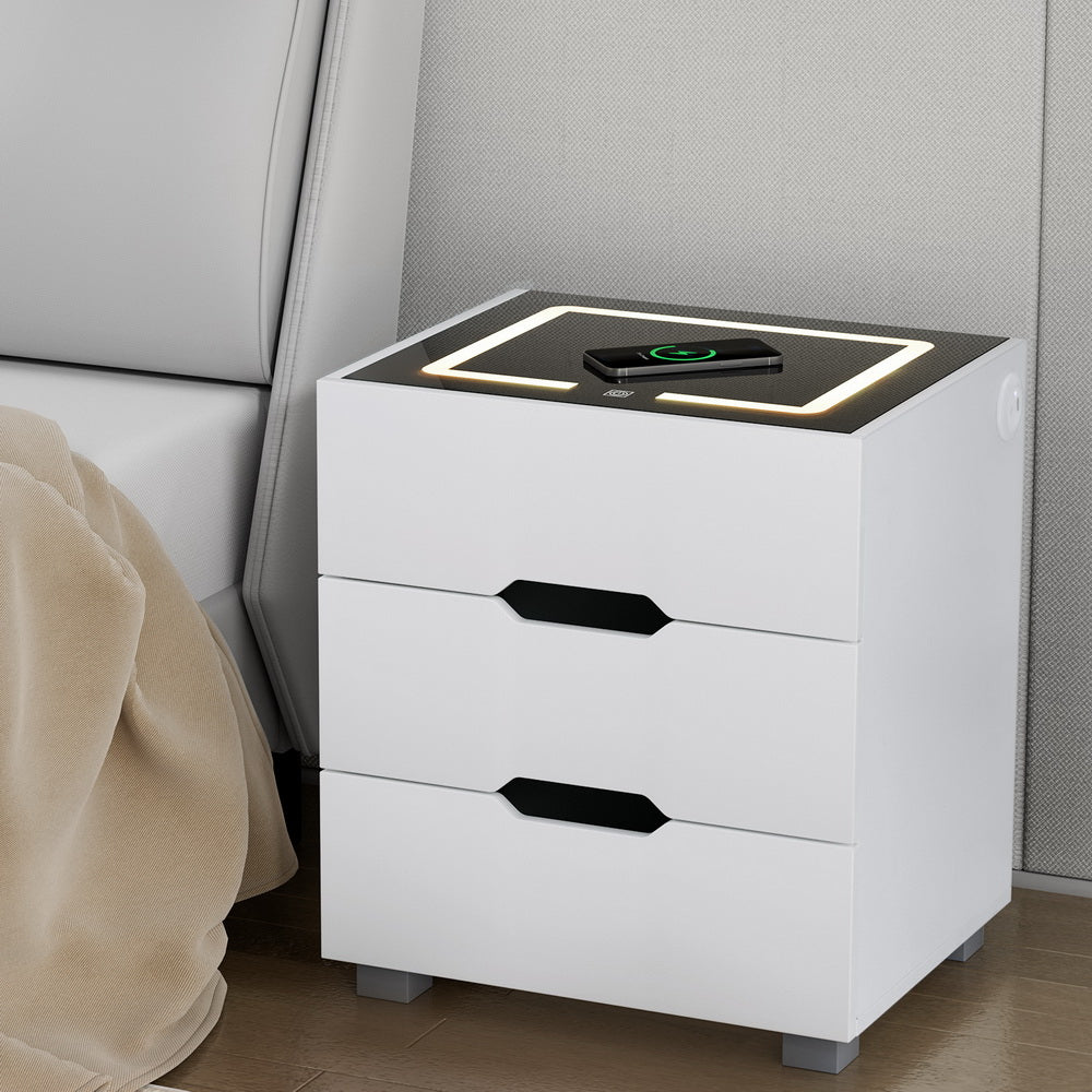 New Smart Bedside Table with Wireless Charging LED Lights 3 Drawer - White - Homecoze