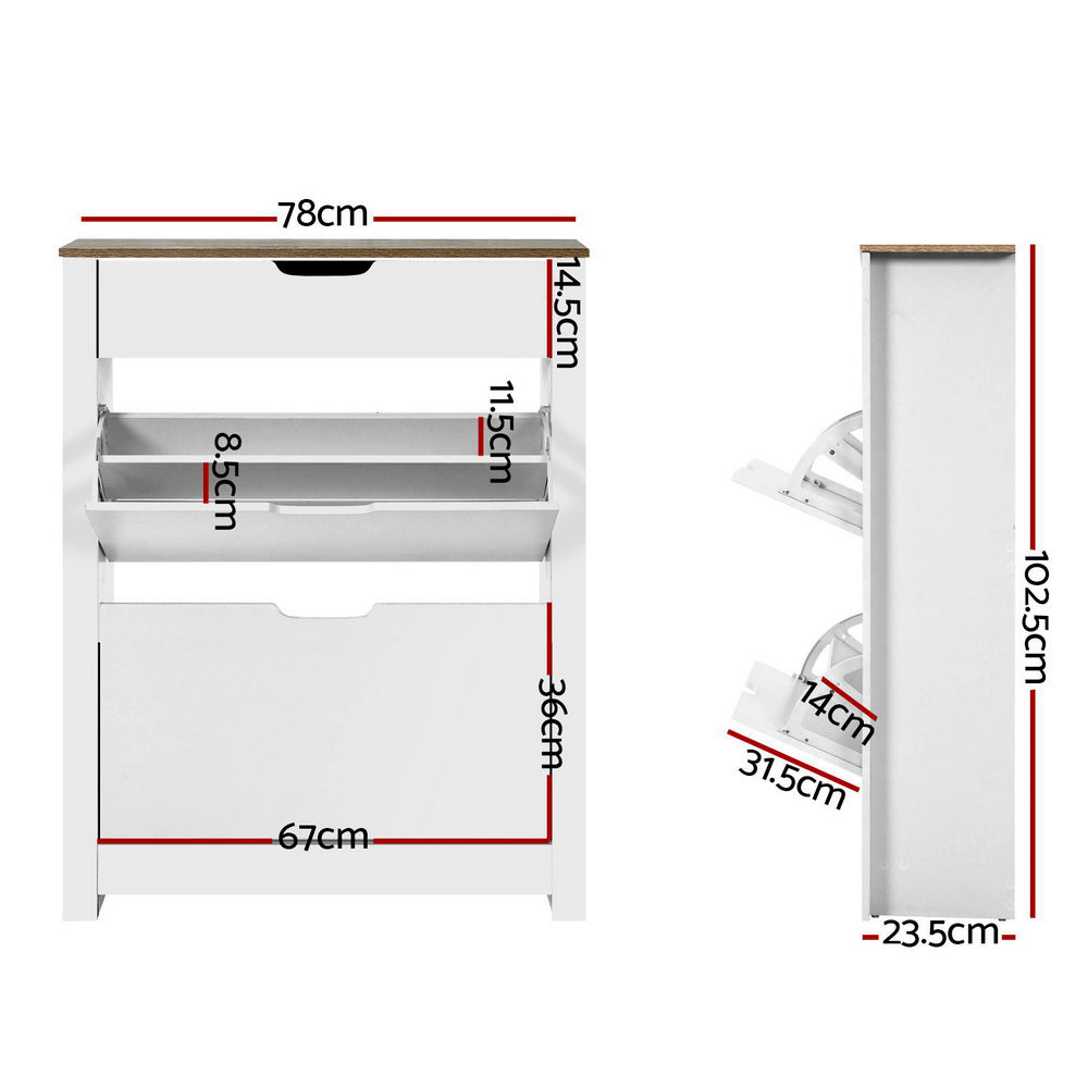 16 Pairs Compact Shoe Cabinet Rack Organiser Storage Cupboard with Top Draw - White Homecoze