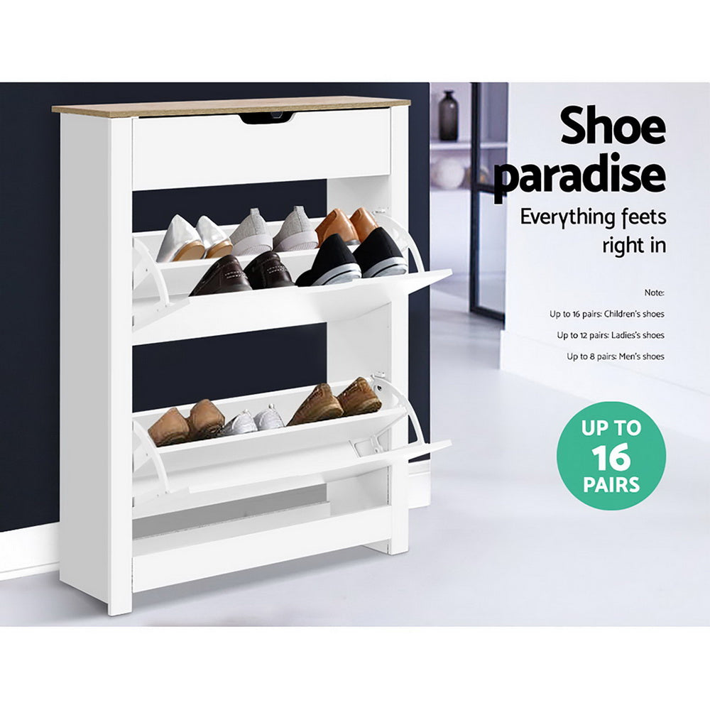 16 Pairs Compact Shoe Cabinet Rack Organiser Storage Cupboard with Top Draw - White Homecoze