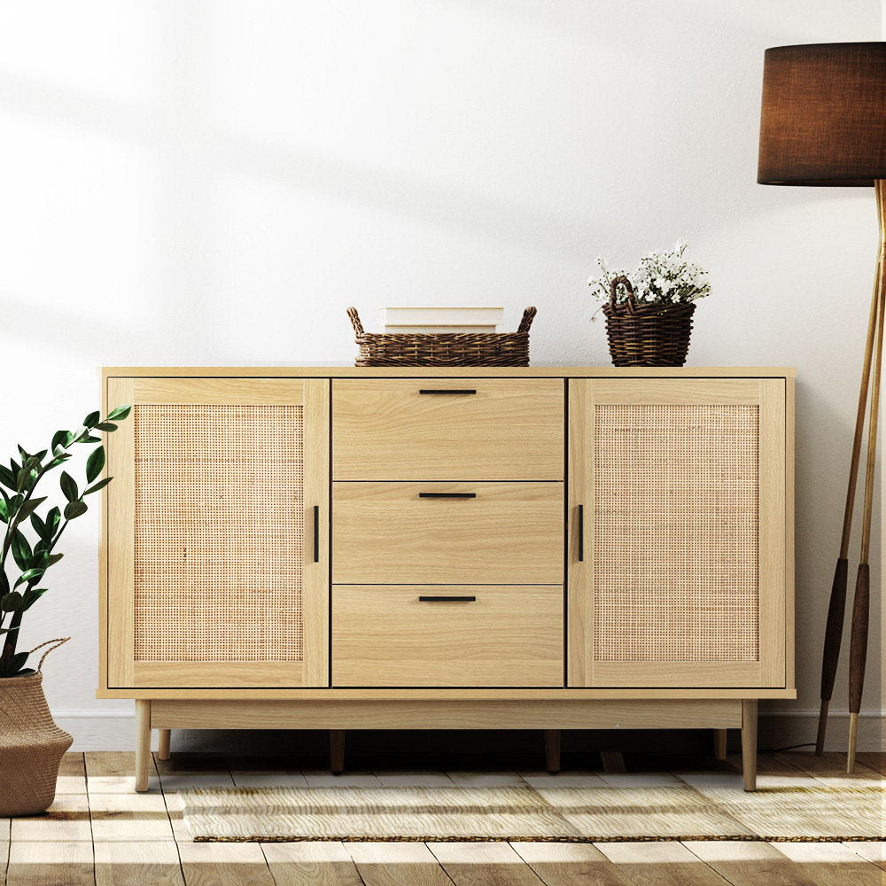 Rattan Buffet 2-Door Storage Sideboard with Drawers Homecoze