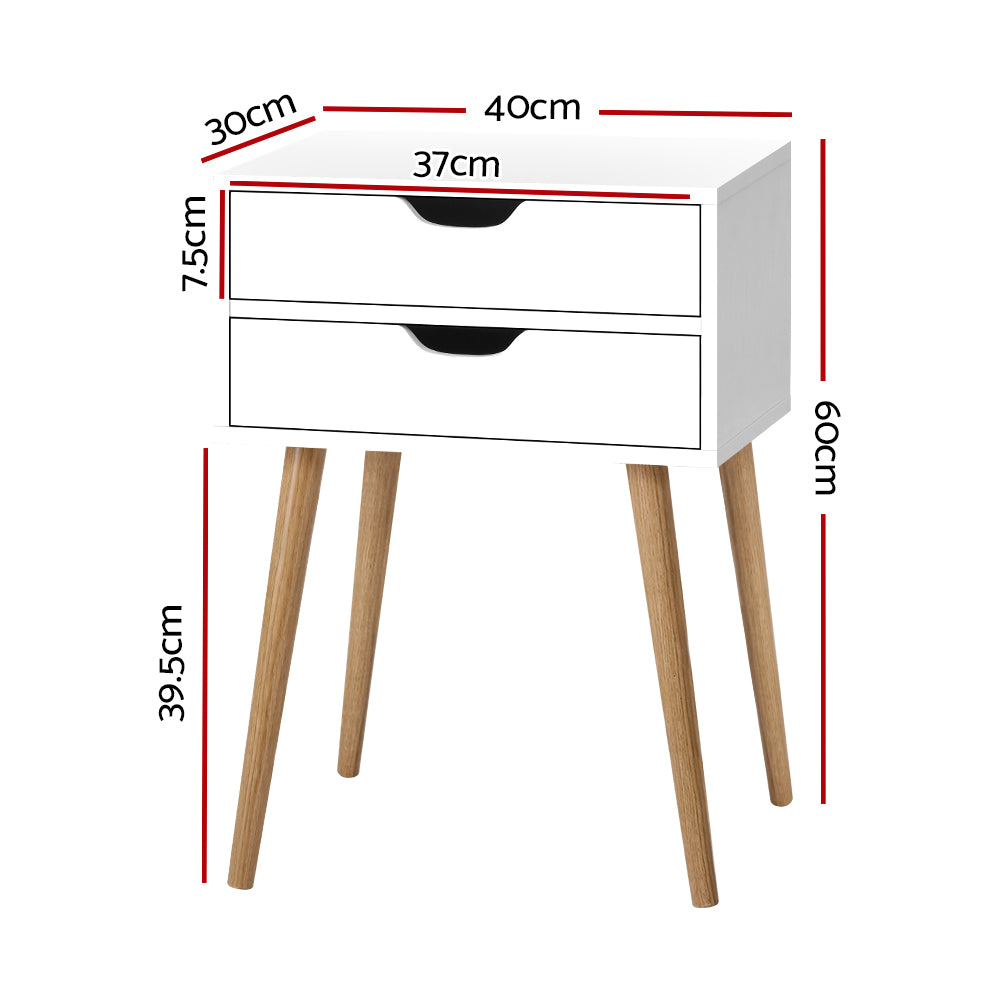 Classic Scandinavian Inspired 2 Drawer Side Table - White Homecoze