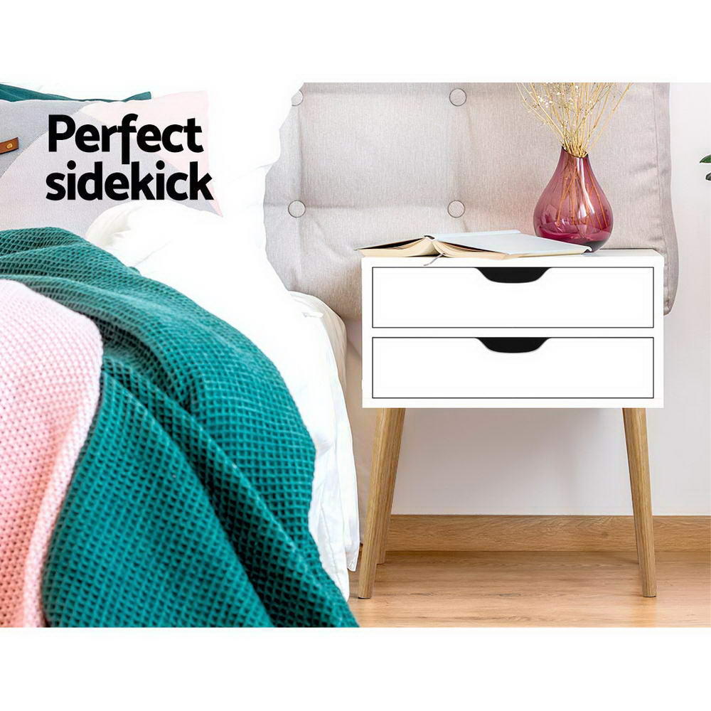 Classic Scandinavian Inspired 2 Drawer Side Table - White Homecoze