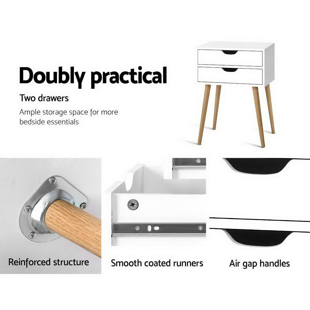 Classic Scandinavian Inspired 2 Drawer Side Table - White Homecoze
