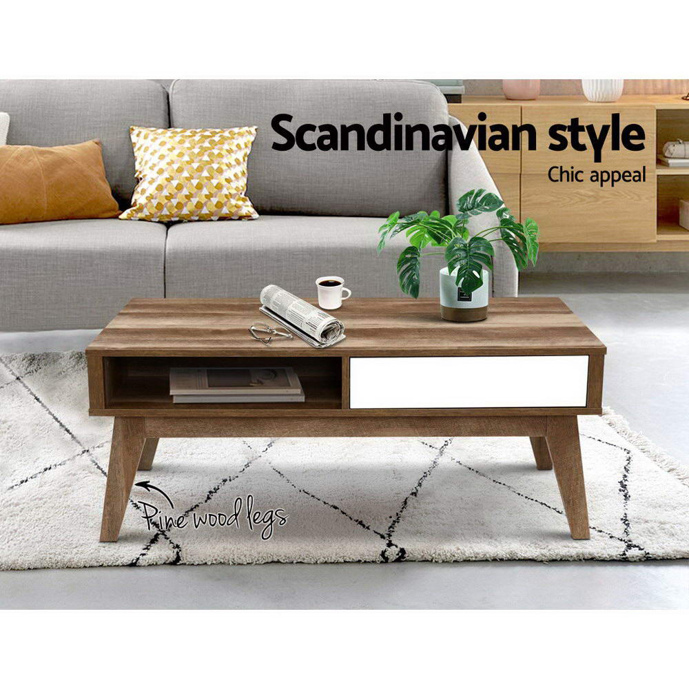 Scandinavian Coffee Table with 2 Storage Drawers & Open Shelves - Brown Homecoze