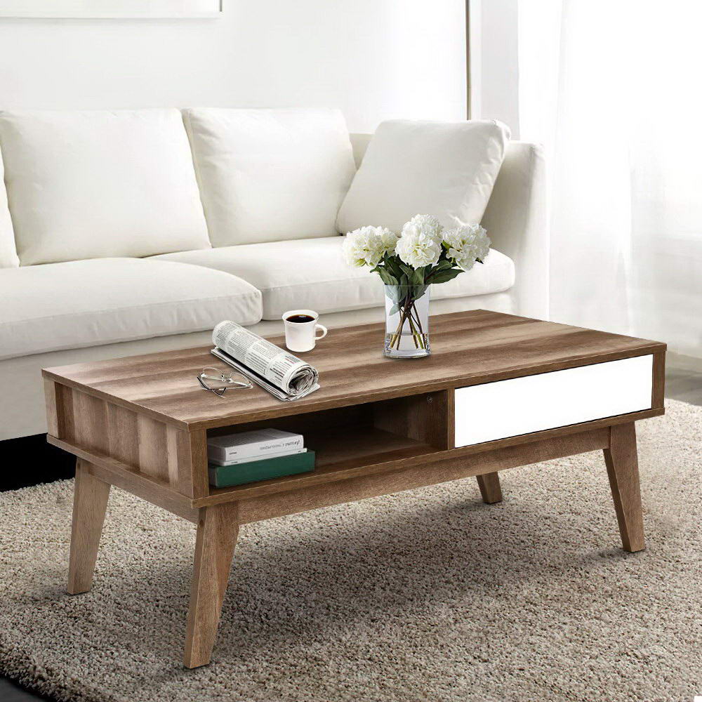 Scandinavian Coffee Table with 2 Storage Drawers & Open Shelves - Brown Homecoze