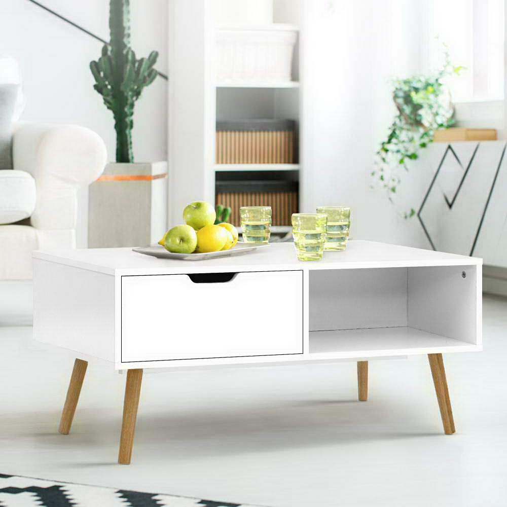 Scandinavian Coffee Table with Storage Drawer & Open Shelf - White Homecoze