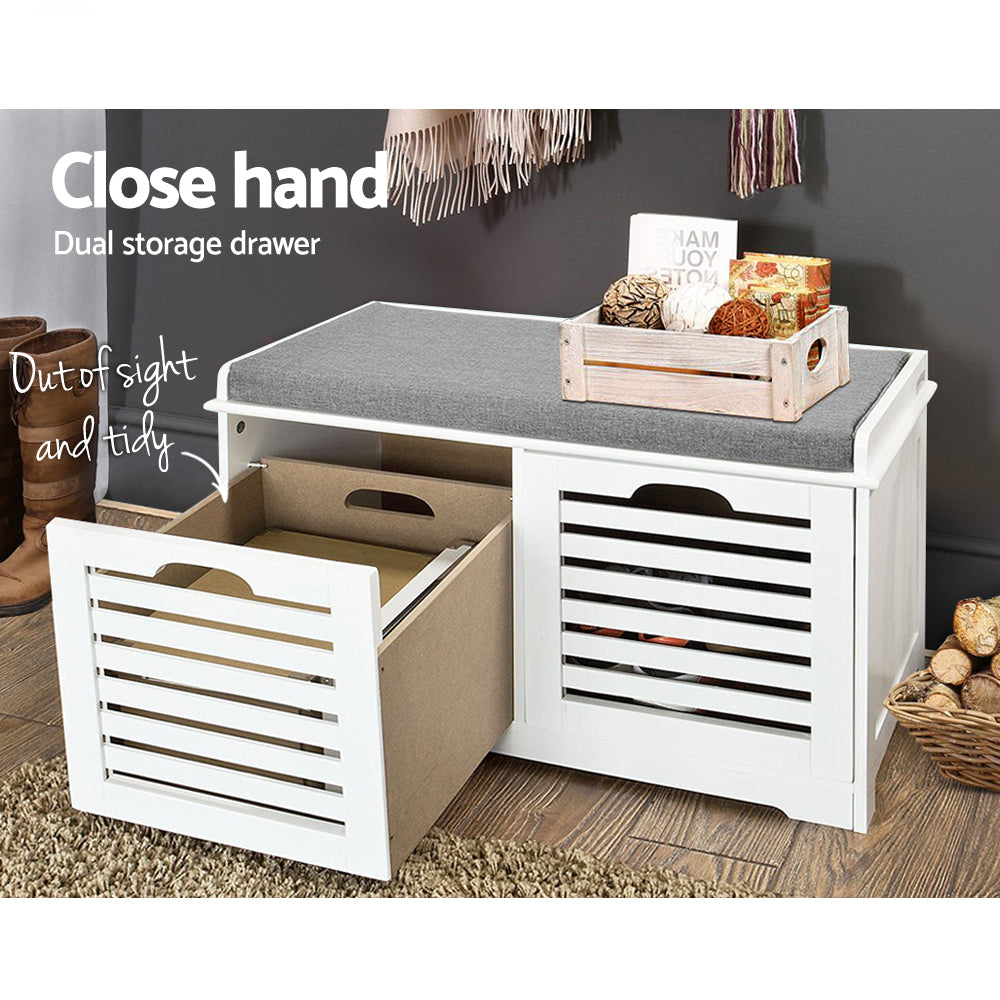 Fabric Shoe Bench with Drawers - White & Grey Homecoze