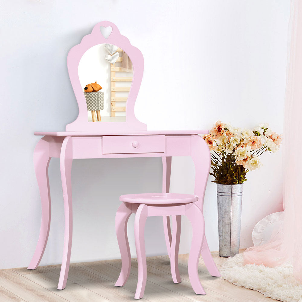 Kids Pink Vanity Dressing Table & Stool Set with Mirror Homecoze