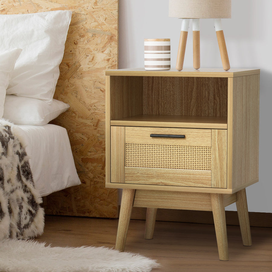 Rattan Bedside Table Single Drawer & Shelf Nightstand Homecoze