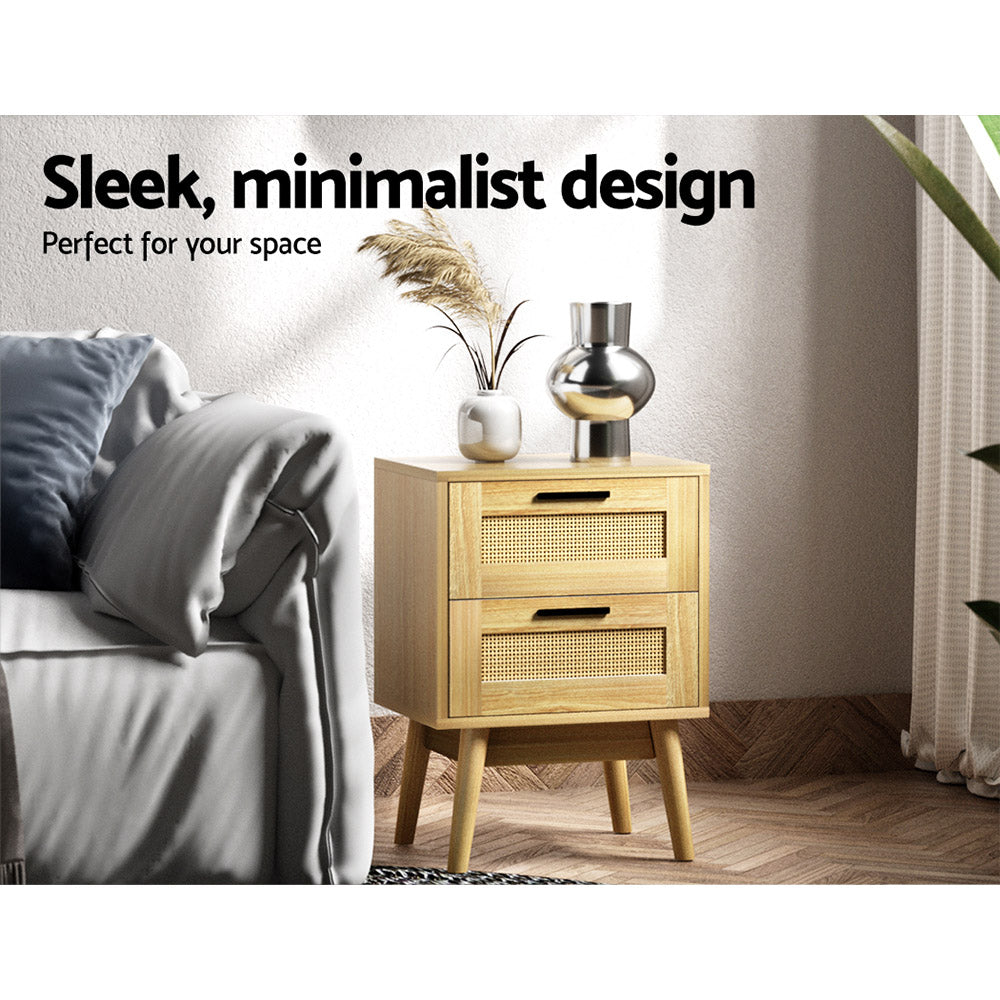 Rattan Bedside Table 2 Drawer Nightstand Homecoze