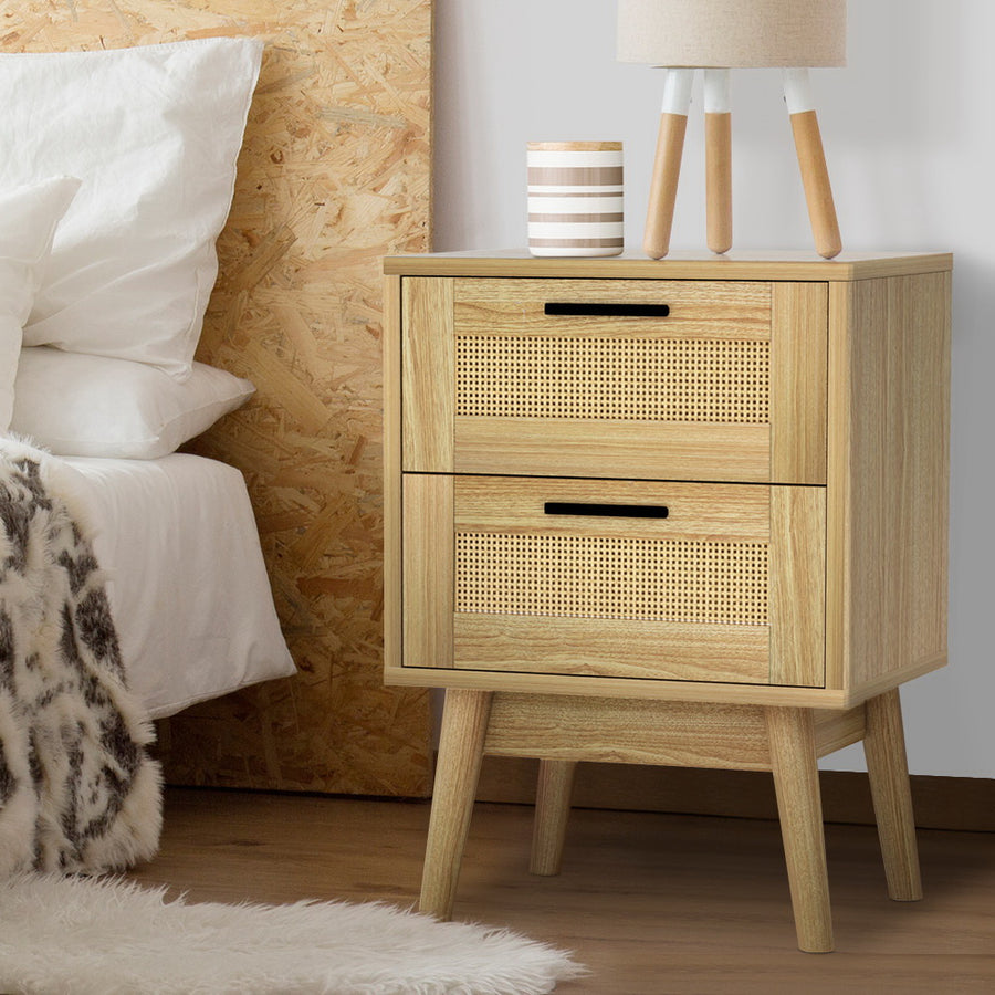 Rattan Bedside Table 2 Drawer Nightstand Homecoze