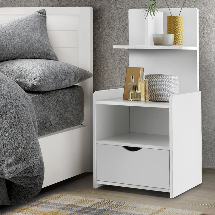 Unique Storage Bookshelf Bedside Table with Drawer - White Homecoze