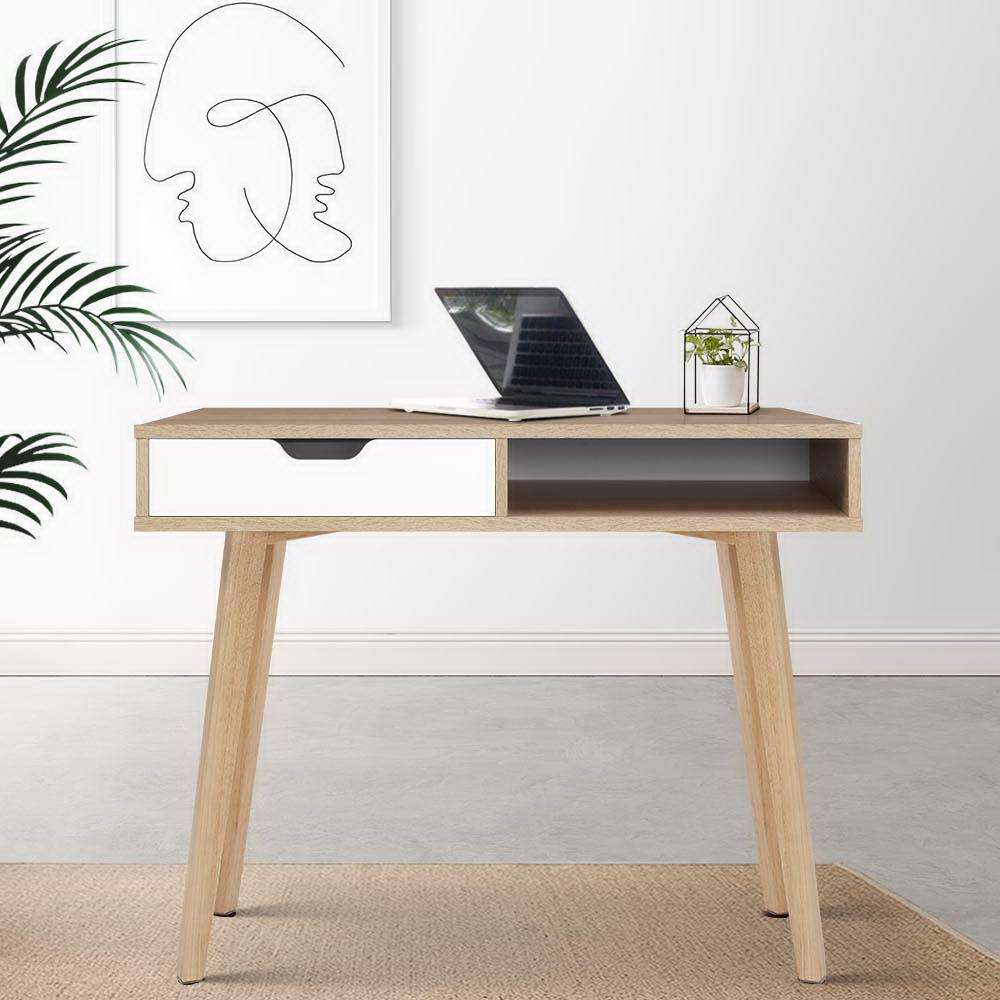 Modern Compact Wood Computer Desk - Oak & White Homecoze