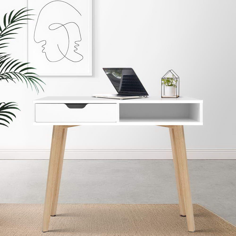 Modern Compact Wood Computer Desk - White & Oak Homecoze