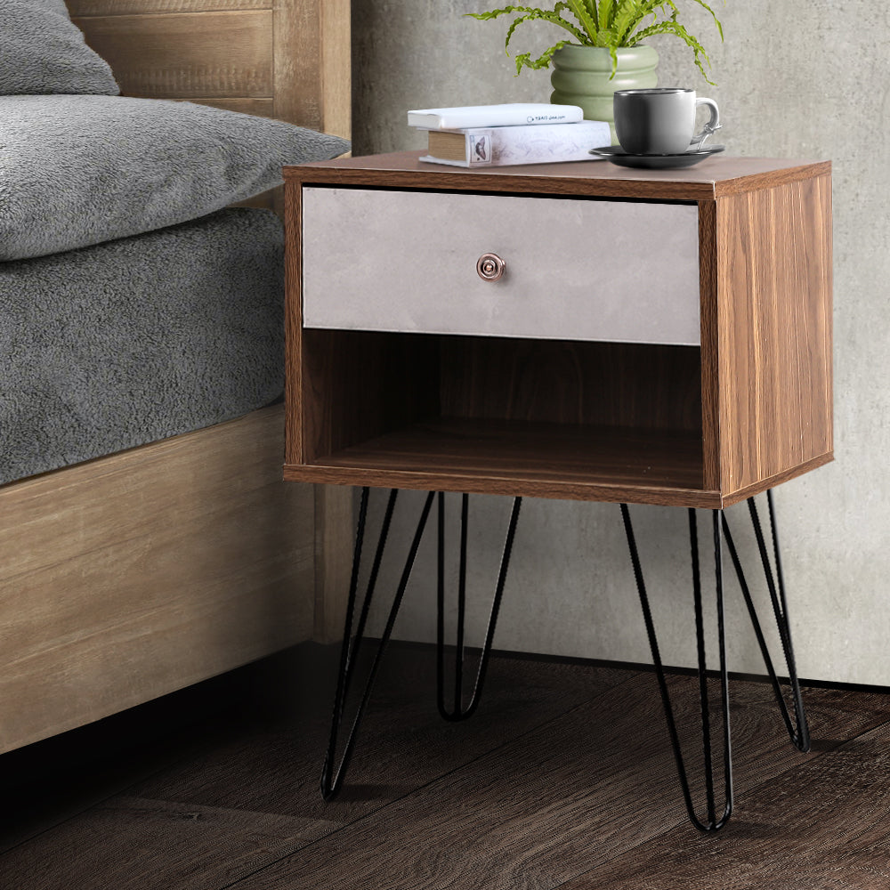 Retro Industrial Style Bedside Table with Drawer - Grey & Walnut Homecoze