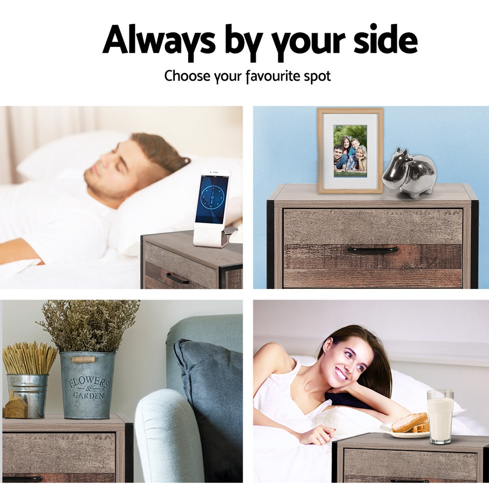 Rustic Industrial Series Bedside Drawer - Black Metal 'Oak' - Homecoze