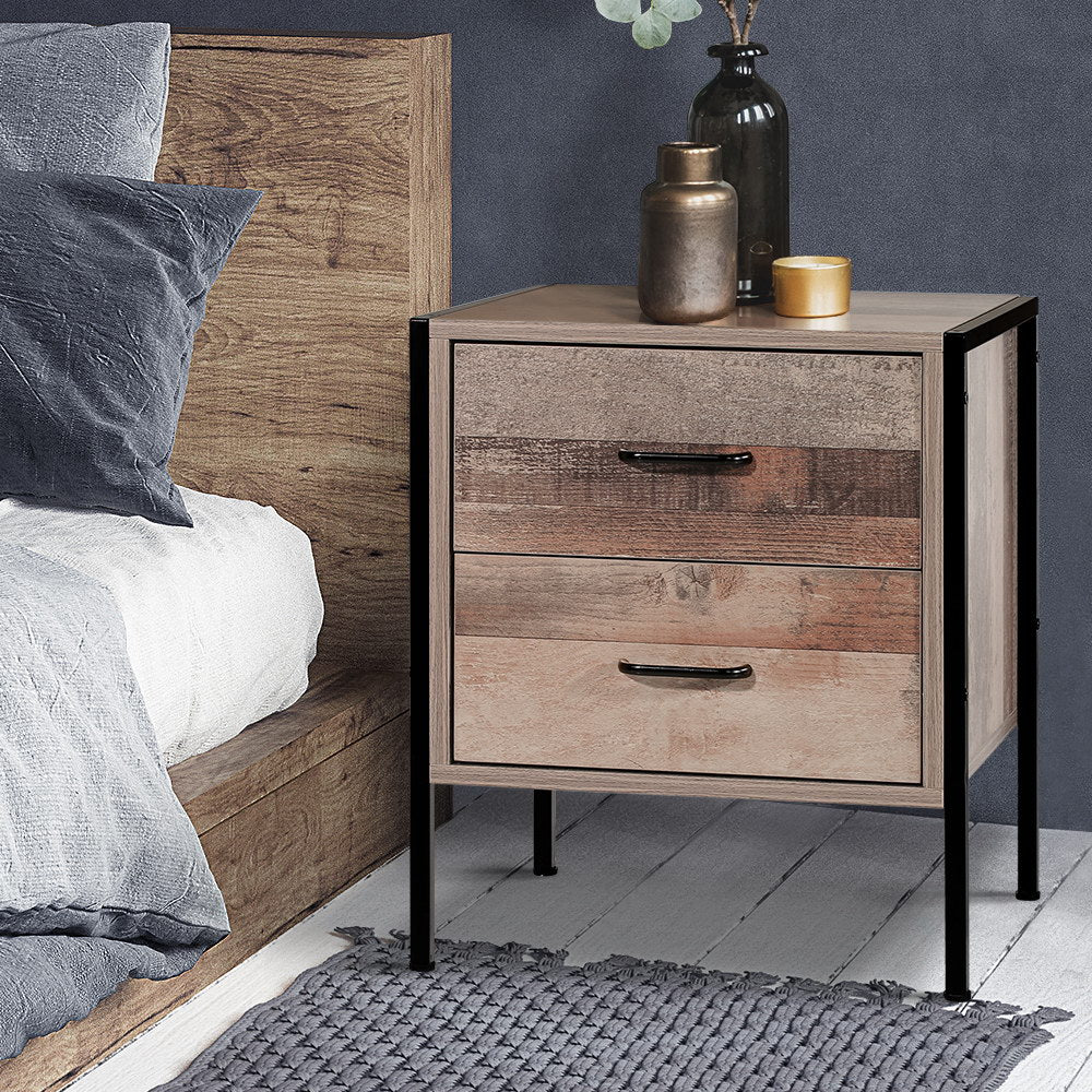 Rustic Industrial Series Bedside Drawer - Black Metal 'Oak' Homecoze