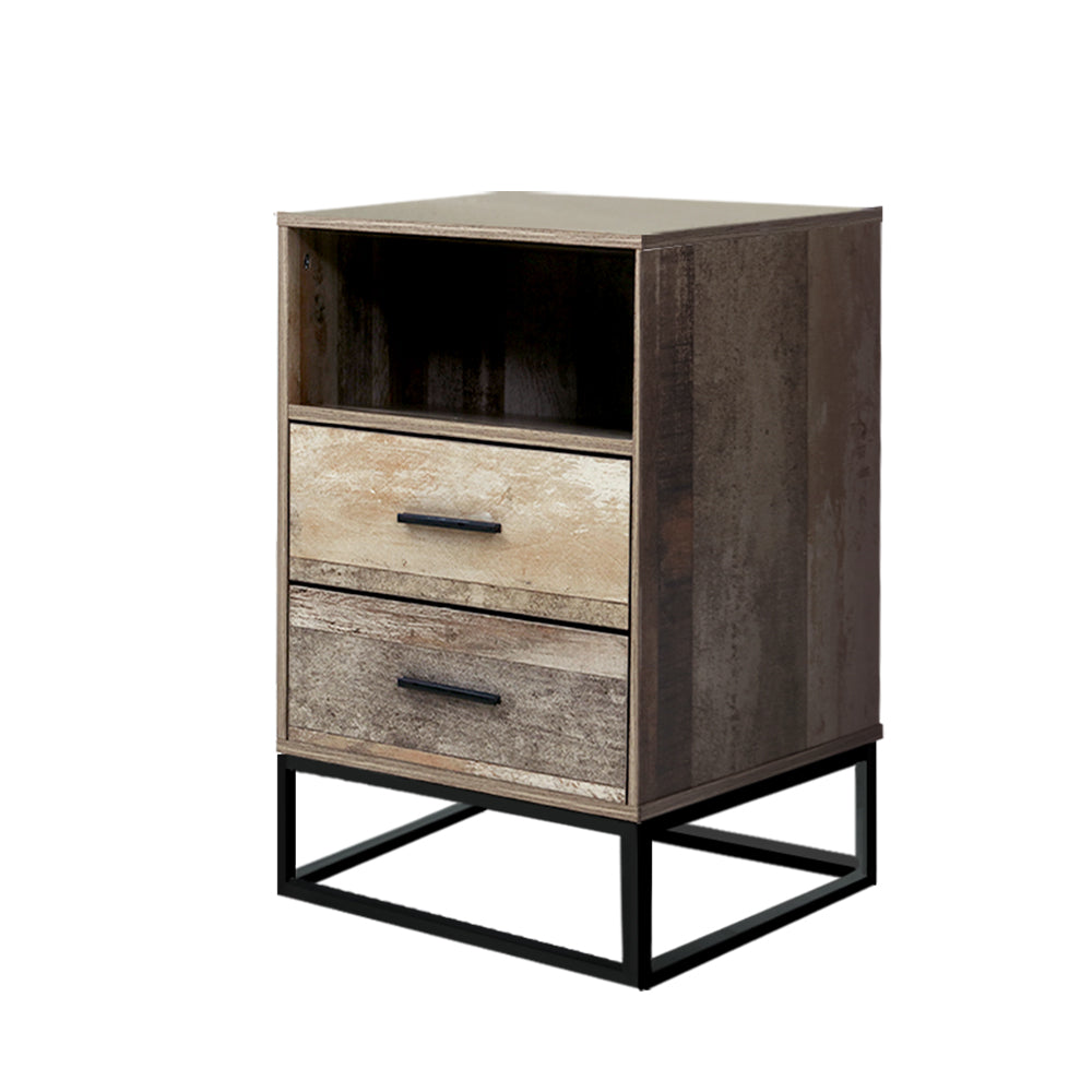Rustic Industrial Series Bedside Drawer with Shelf - Oak & Black Metal - Homecoze