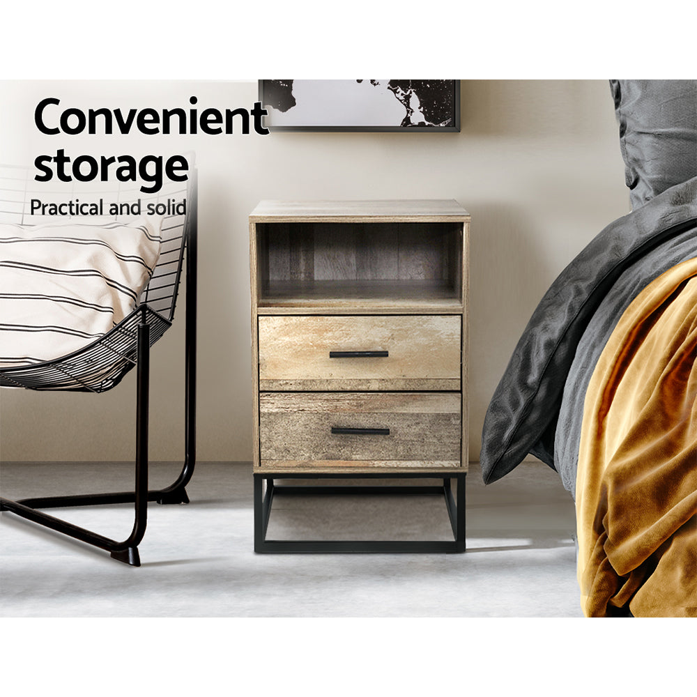 Rustic Industrial Series Bedside Drawer with Shelf - Oak & Black Metal - Homecoze