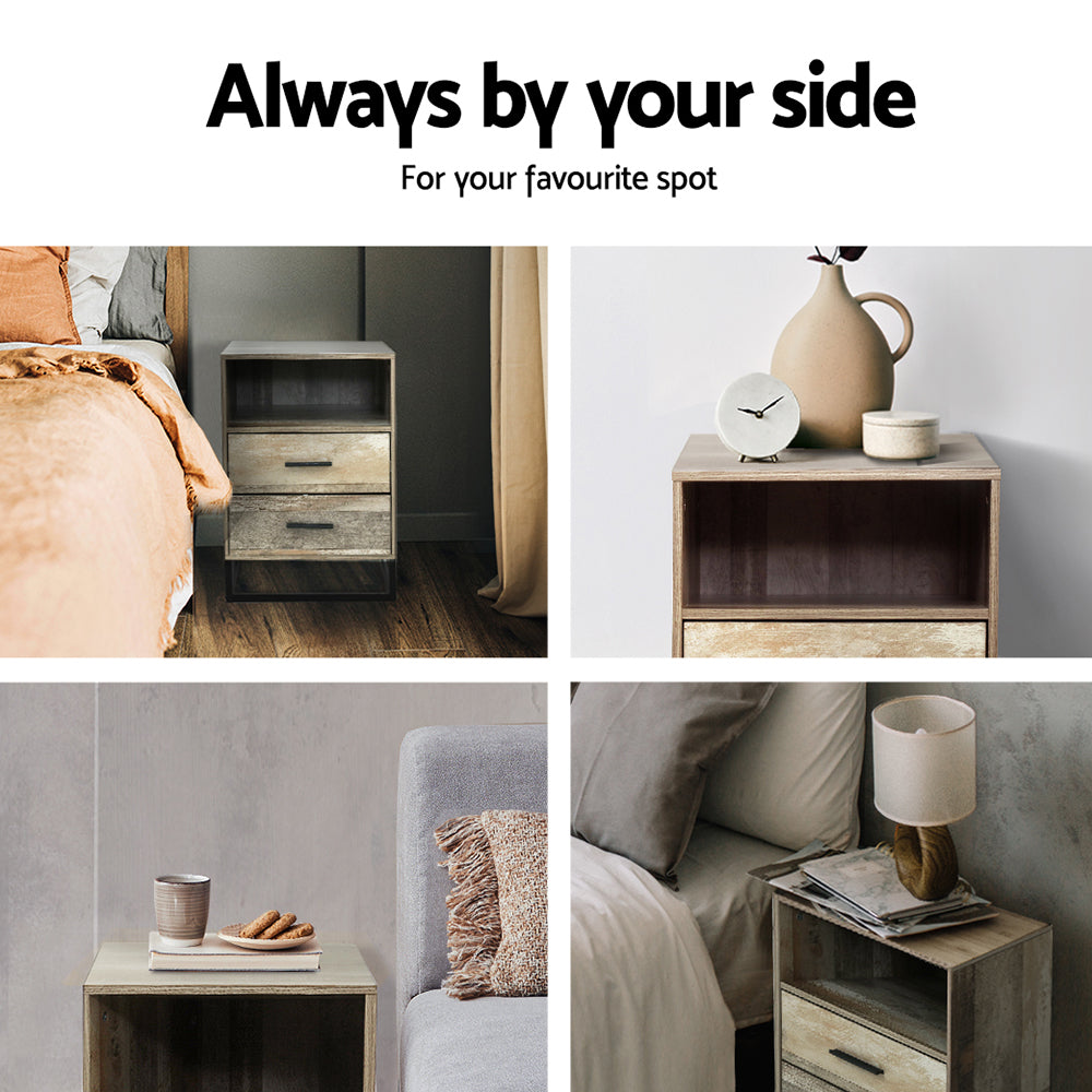 Rustic Industrial Series Bedside Drawer with Shelf - Oak & Black Metal - Homecoze