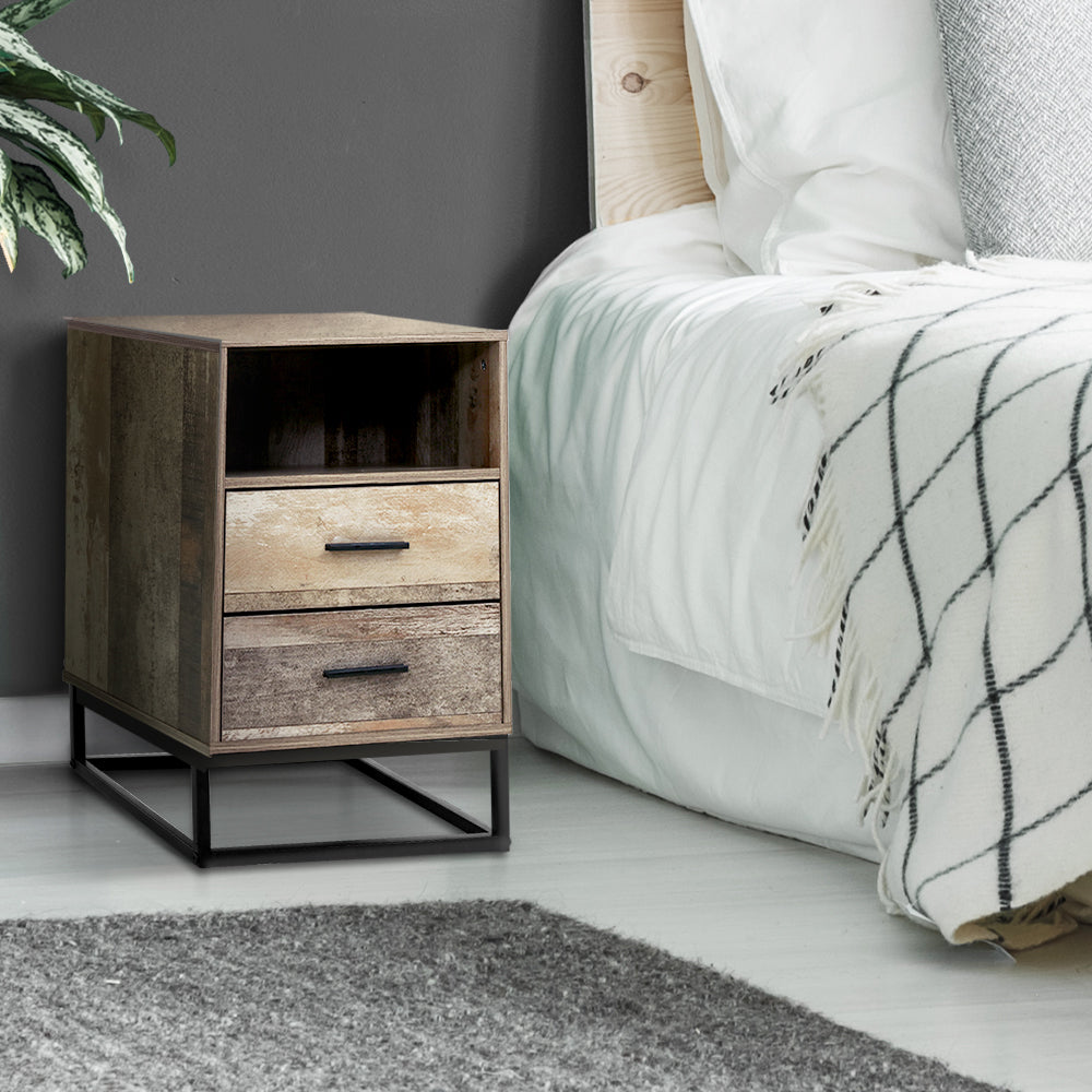 Rustic Industrial Series Bedside Drawer with Shelf - Oak & Black Metal - Homecoze