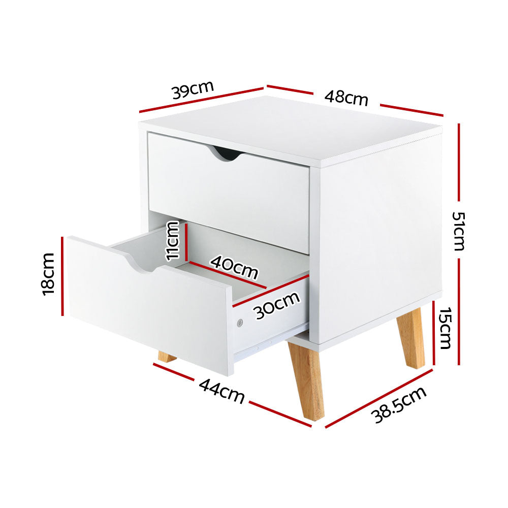 Classic 2 Drawer Wooden Bedside Table - White - Homecoze