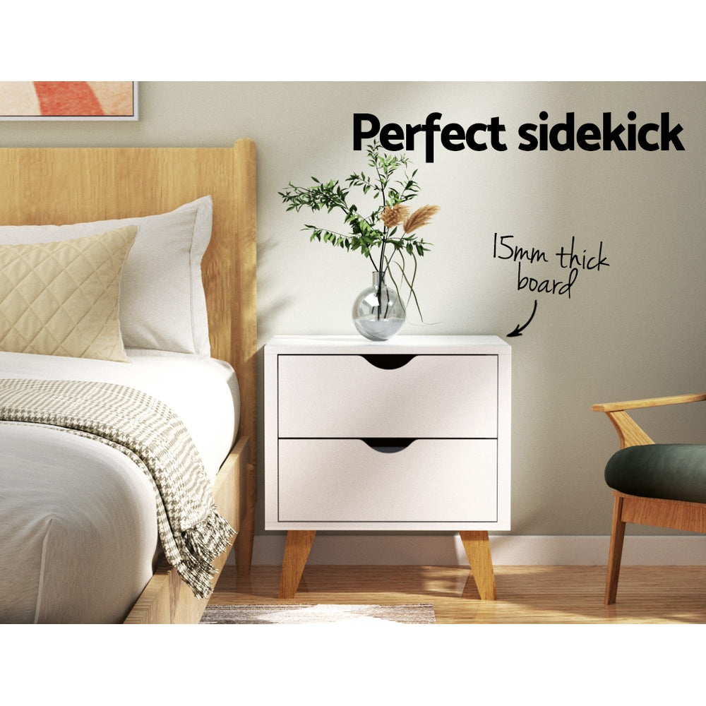 Classic 2 Drawer Wooden Bedside Table - White - Homecoze