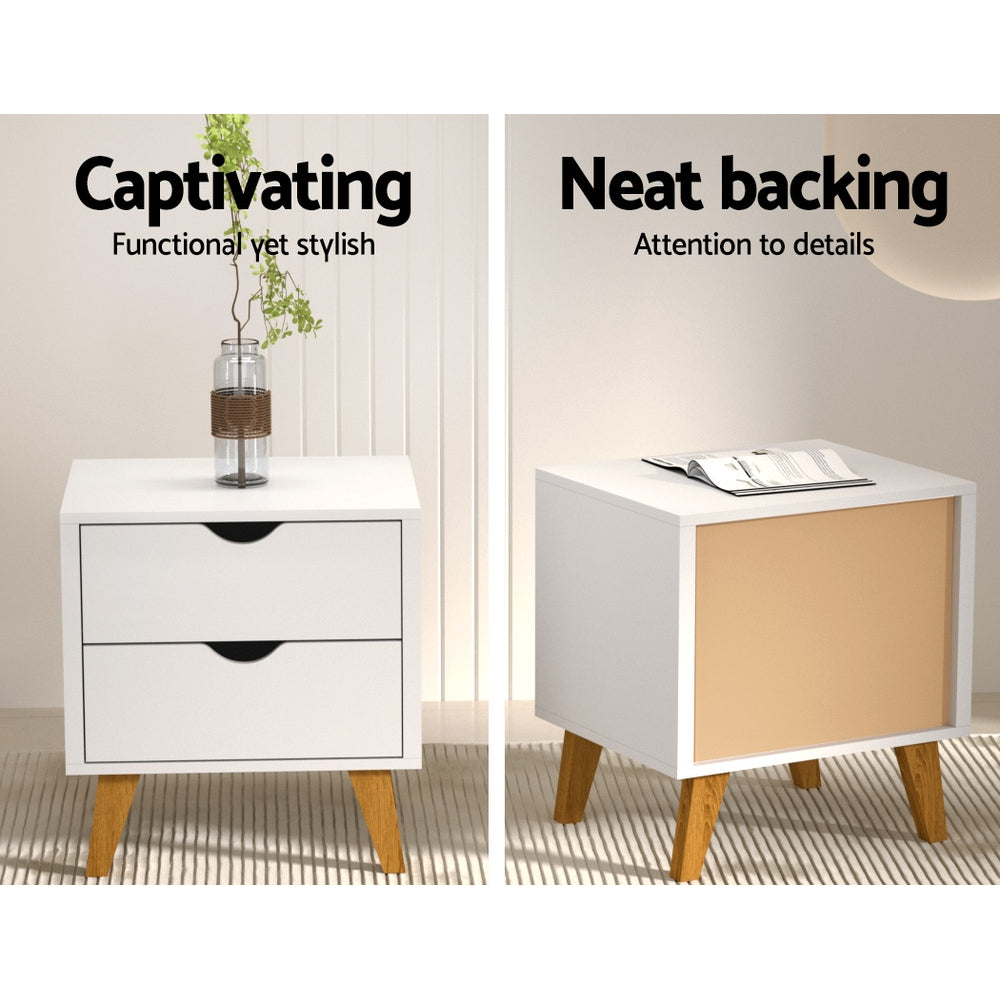 Classic 2 Drawer Wooden Bedside Table - White - Homecoze