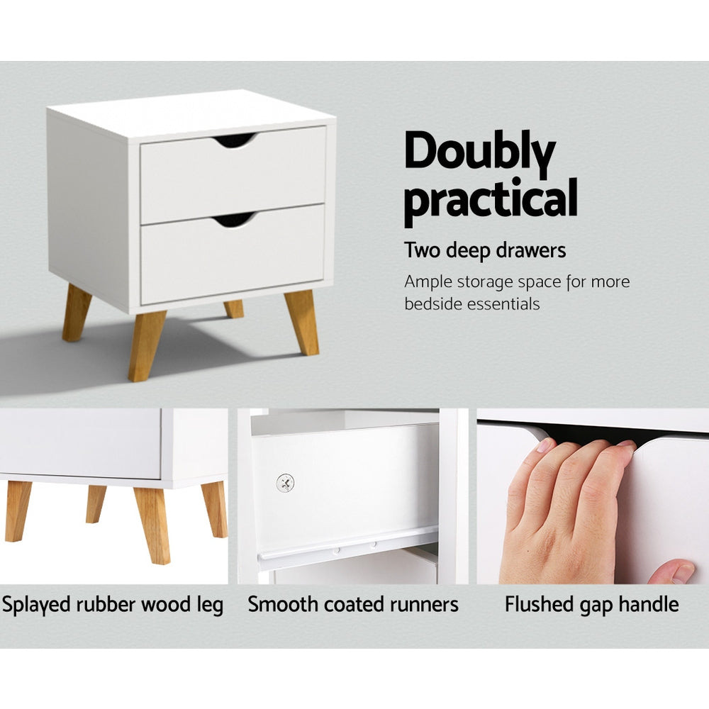 Classic 2 Drawer Wooden Bedside Table - White - Homecoze