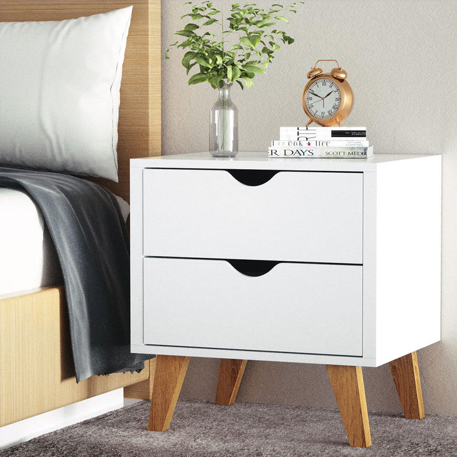 Classic 2 Drawer Wooden Bedside Table - White Homecoze