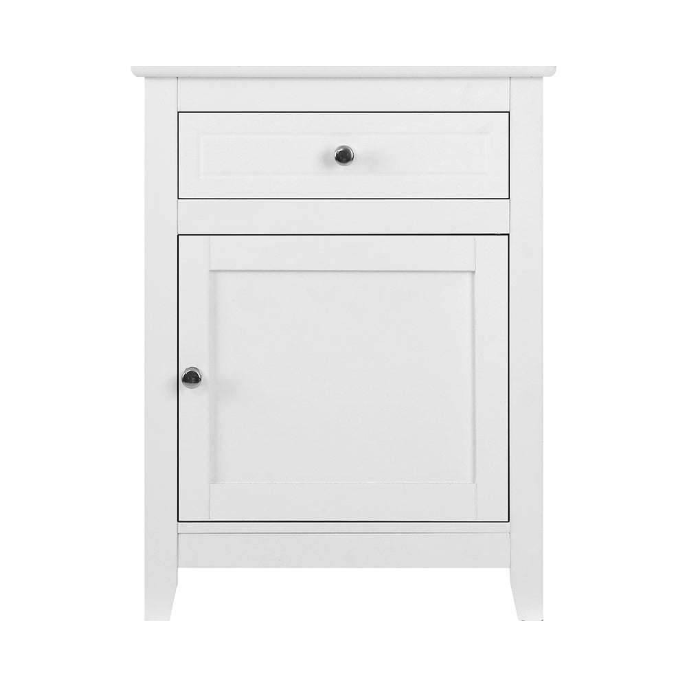 Bedside Storage Table with Drawer & Storage Cupboard - White Homecoze