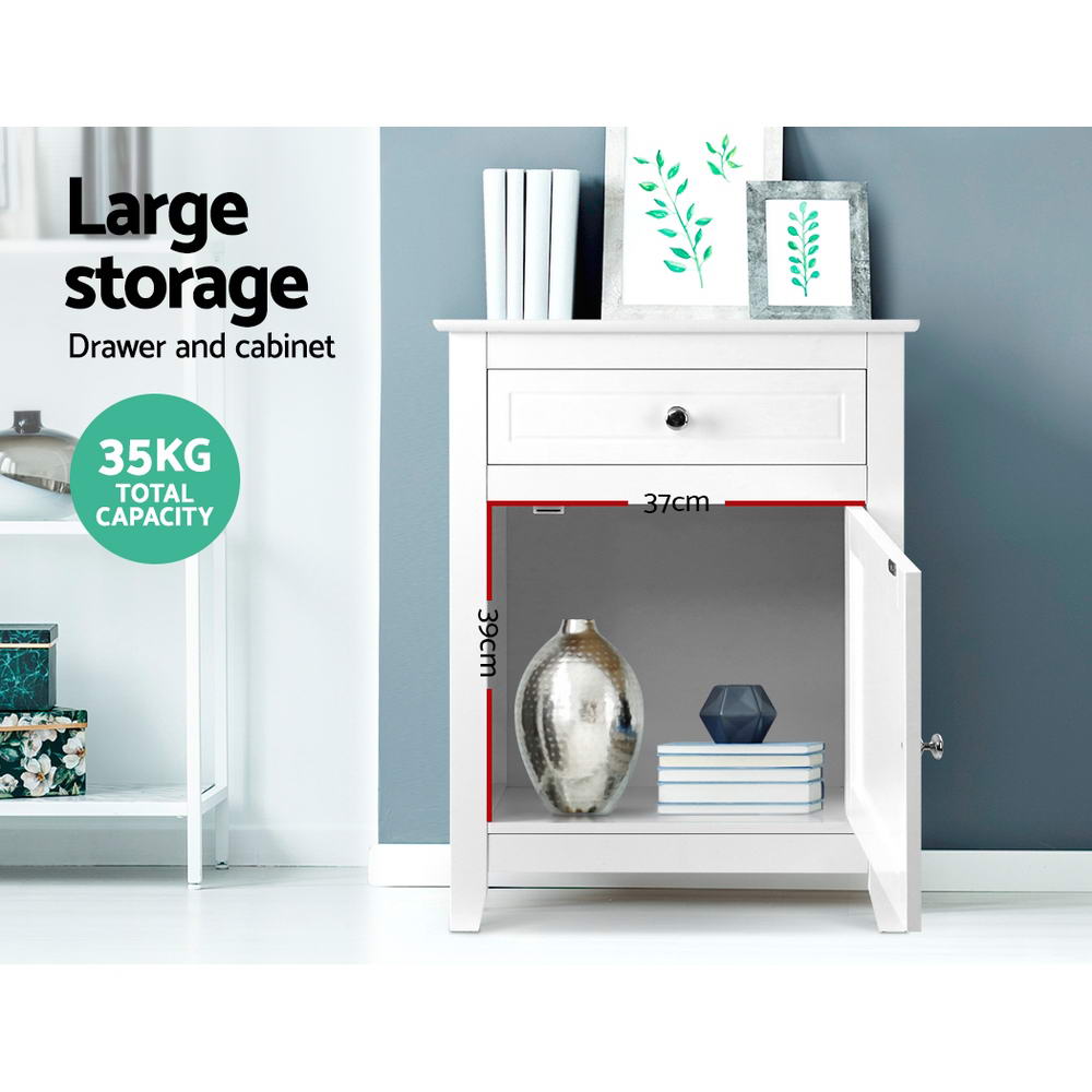 Bedside Storage Table with Drawer & Storage Cupboard - White Homecoze