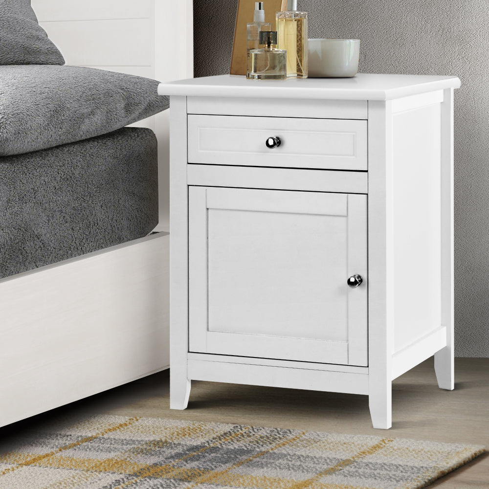 Bedside Storage Table with Drawer & Storage Cupboard - White Homecoze