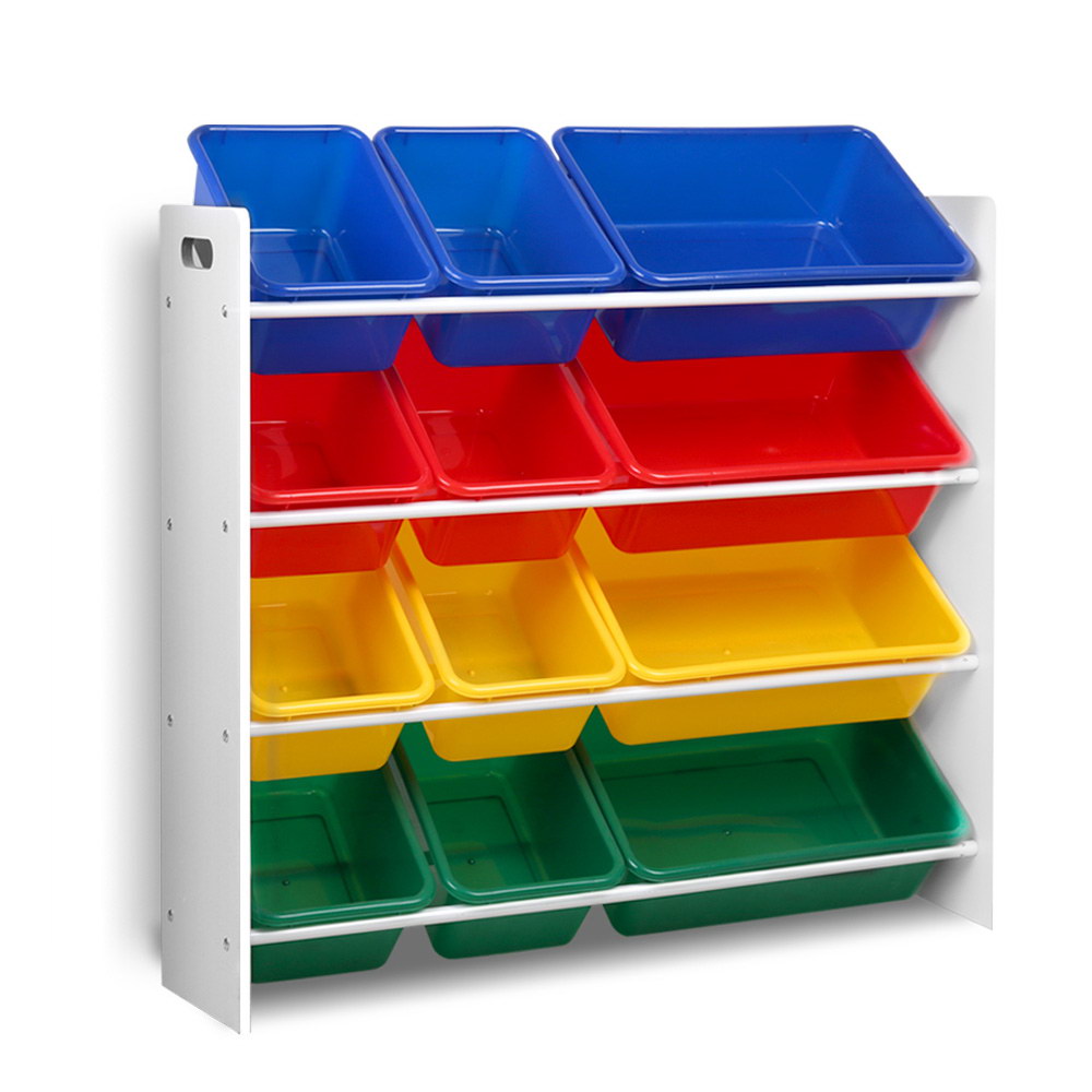 Kids Storage Shelf with 12 Removable Plastic Tubs - White Homecoze