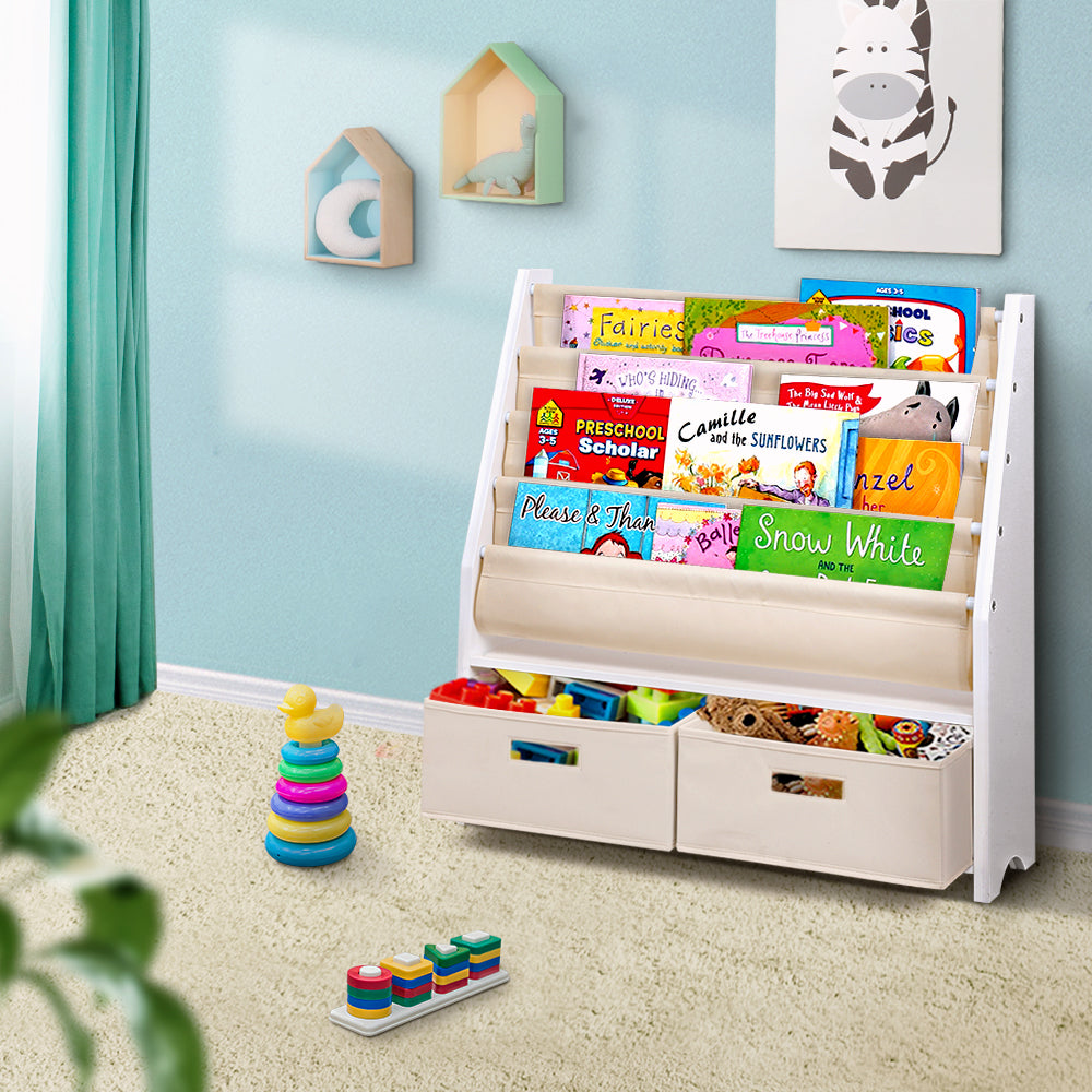 Kids 4 Tier Bookshelf with Storage Drawers - White Homecoze