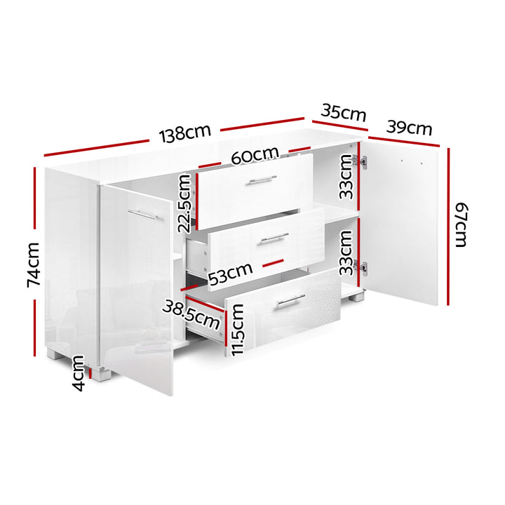 High Gloss Sideboard Storage Cabinet Cupboard - White Homecoze