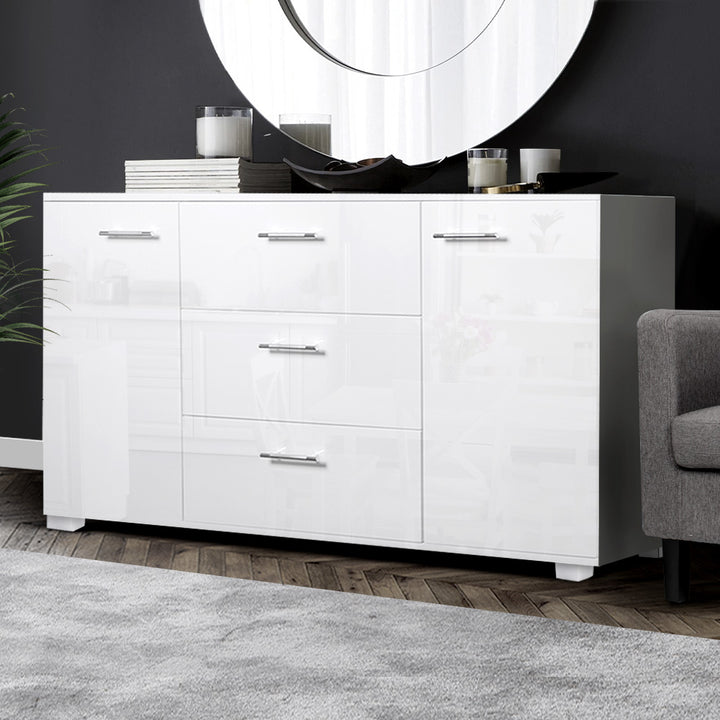 High Gloss Sideboard Storage Cabinet Cupboard - White Homecoze