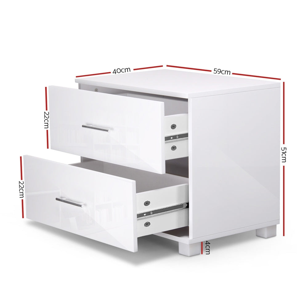 Modern High Gloss Two Drawers Bedside Table - White - Homecoze
