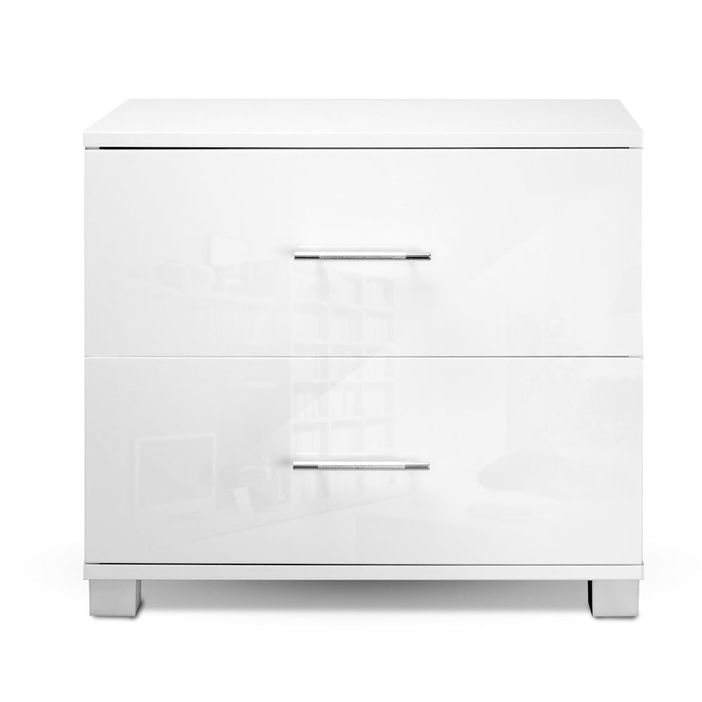 Modern High Gloss Two Drawers Bedside Table - White - Homecoze