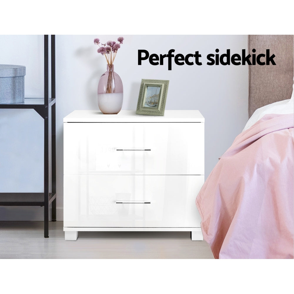 Modern High Gloss Two Drawers Bedside Table - White - Homecoze