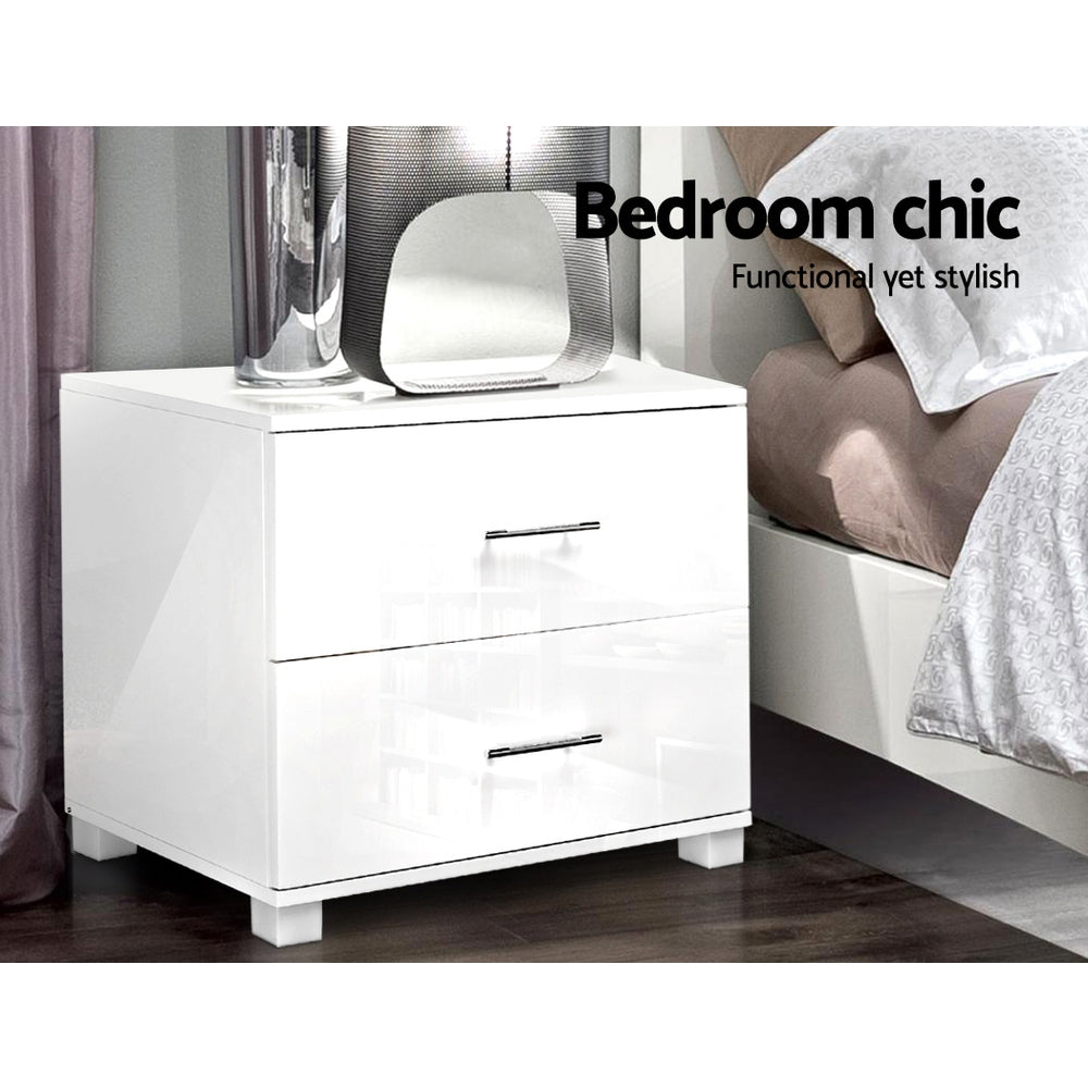 Modern High Gloss Two Drawers Bedside Table - White - Homecoze
