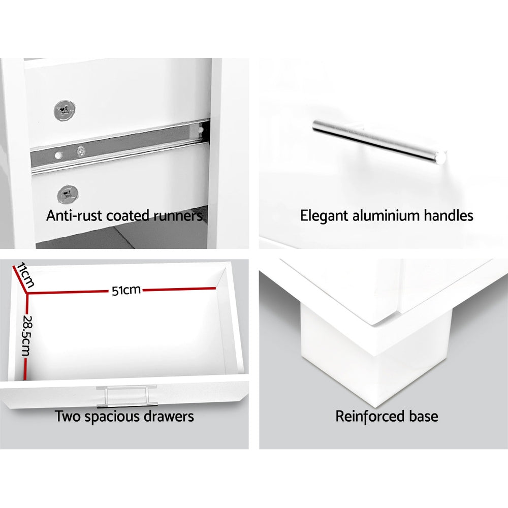 Modern High Gloss Two Drawers Bedside Table - White - Homecoze