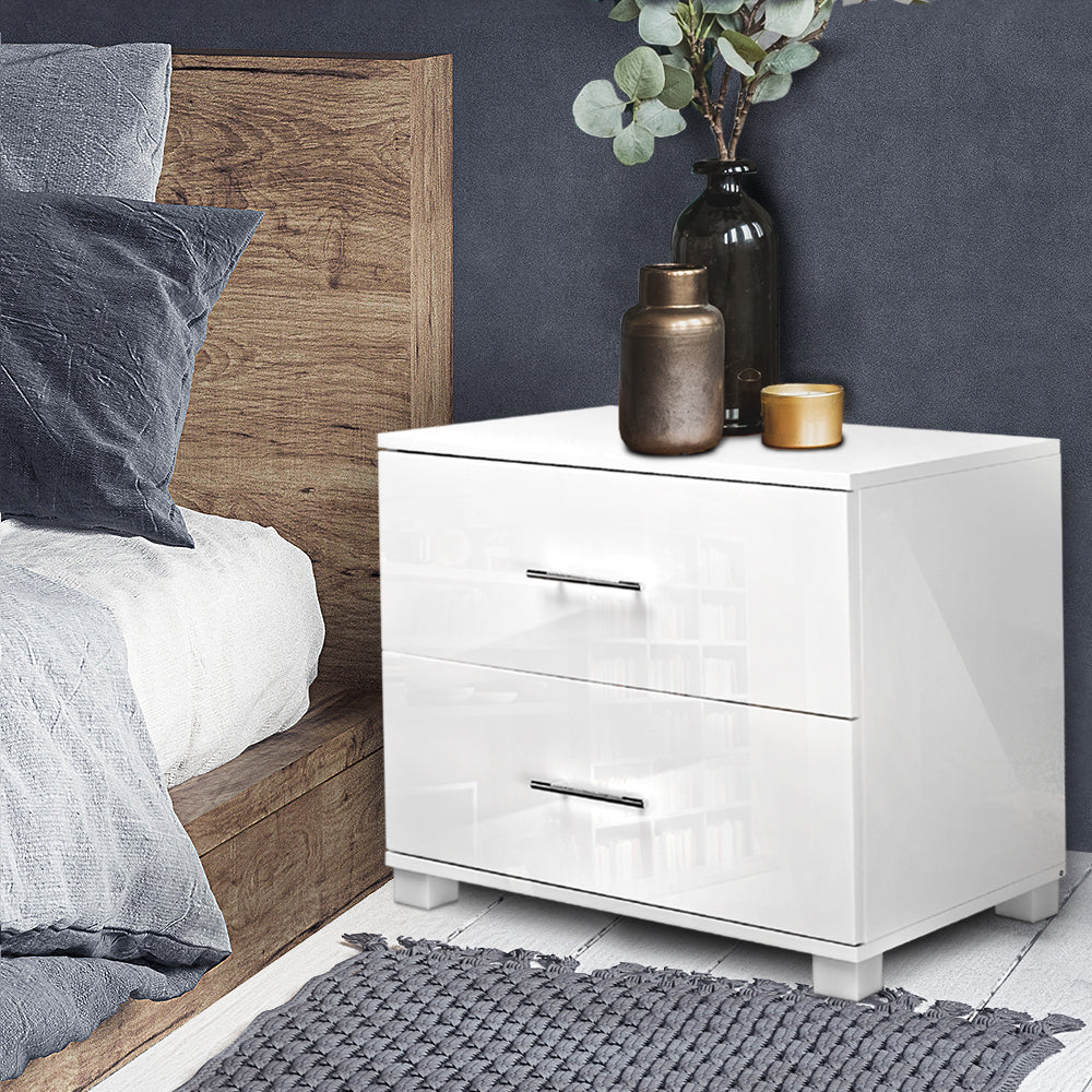 Modern High Gloss Two Drawers Bedside Table - White - Homecoze