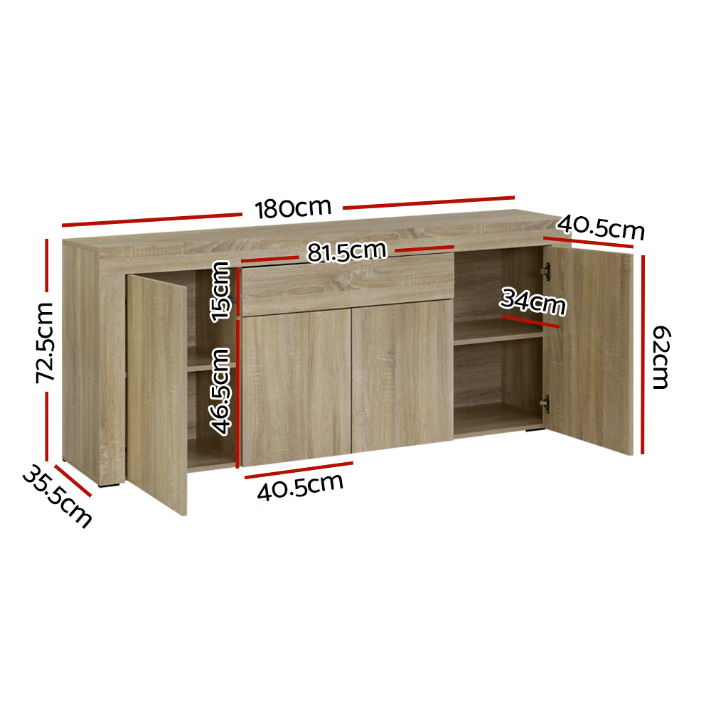 Buffet 4 Door Sideboard Cabinet with Drawer - Oak Coloured Woodgrain Finish Homecoze