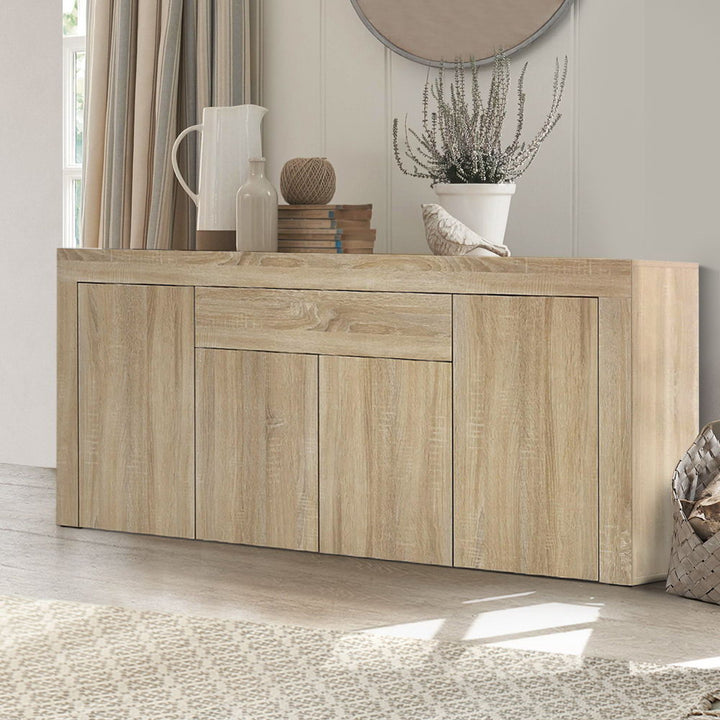 Buffet 4 Door Sideboard Cabinet with Drawer - Oak Coloured Woodgrain Finish Homecoze