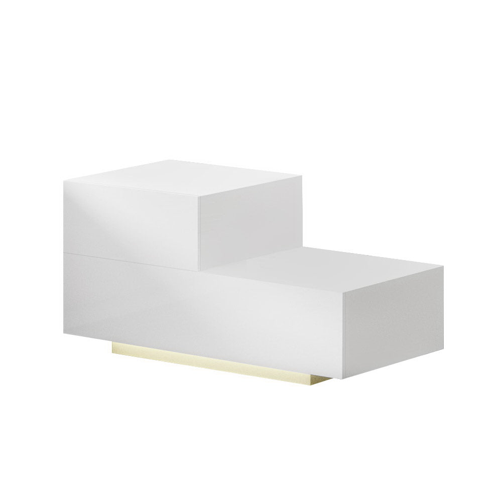 RGB LED 2-Level L Shape High Gloss Bedside Table Nightstand - White Homecoze