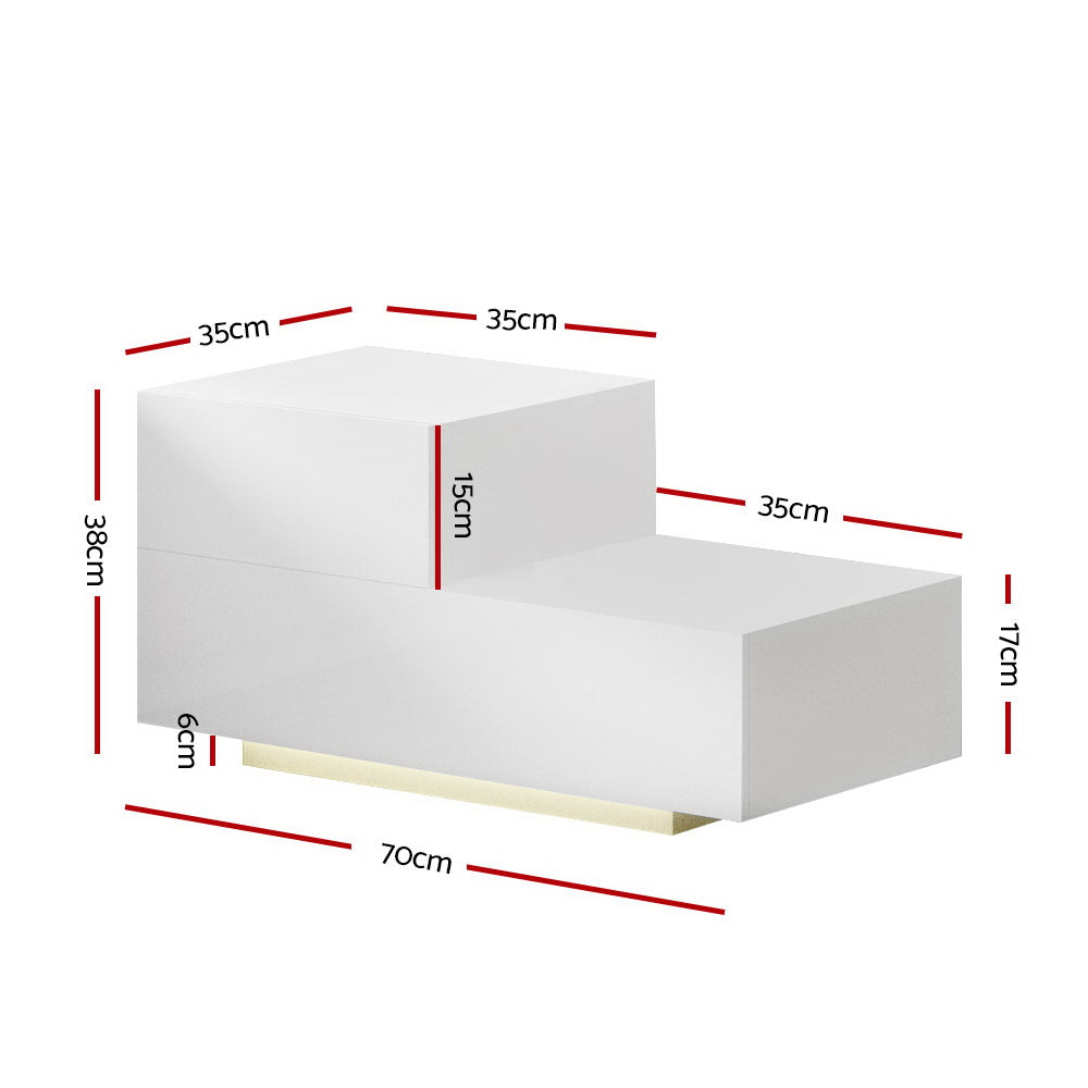 RGB LED 2-Level L Shape High Gloss Bedside Table Nightstand - White Homecoze