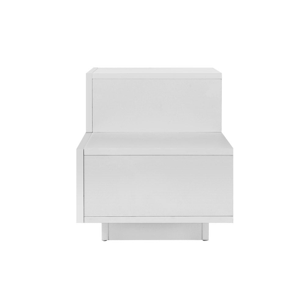 RGB LED 2-Level L Shape High Gloss Bedside Table Nightstand - White Homecoze