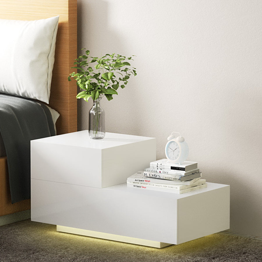 RGB LED 2-Level L Shape High Gloss Bedside Table Nightstand - White Homecoze