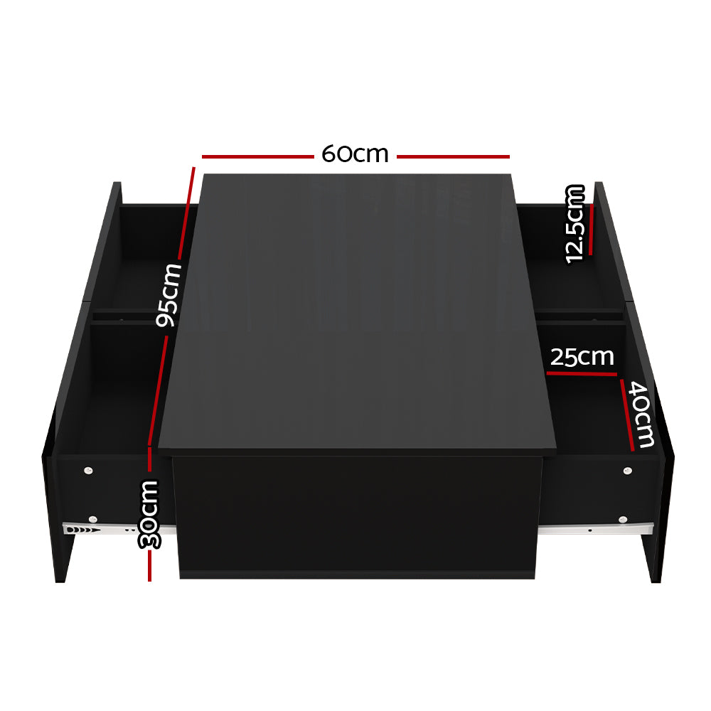Modern High Gloss Coffee Table 4 Storage Drawers - Black - Homecoze